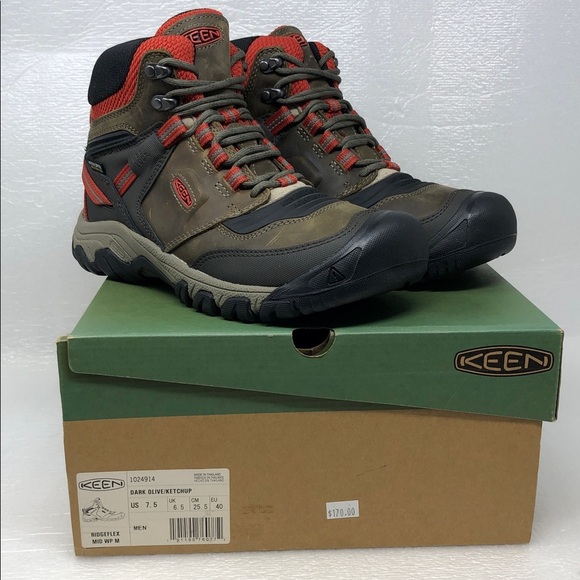 NEW Keen Boots Ridge Flex Mid Hiking Waterproof Dark Olive/Red Mens Size 7.5 main image 6